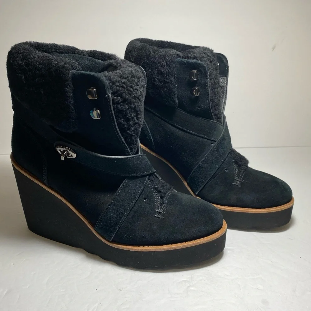 Coach Kenna Shearling Suede Black Leather  Wedge Booties Ankle Boots Size 7.5